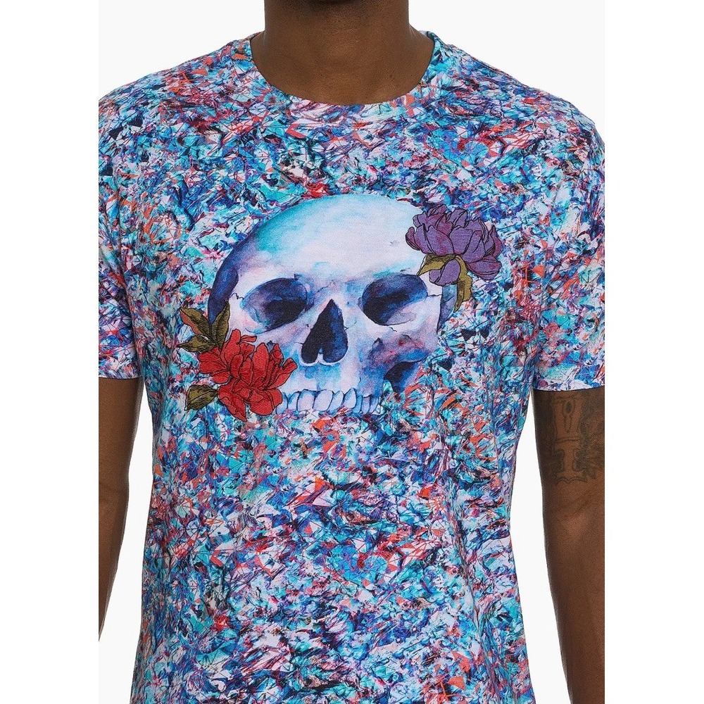 NWT Robert Graham GLASS SKULL Multicolor‎ Floral Short Sleeve Cotton Tee XL $138